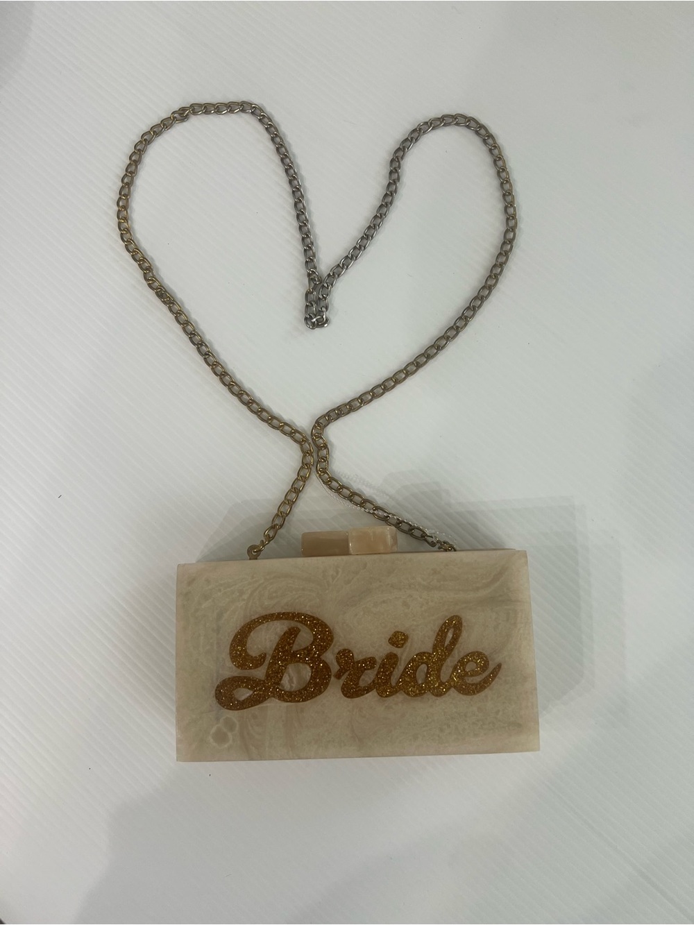 Lulu NYC handcrafted acrylic crossbody clutch Bride gold glitter script